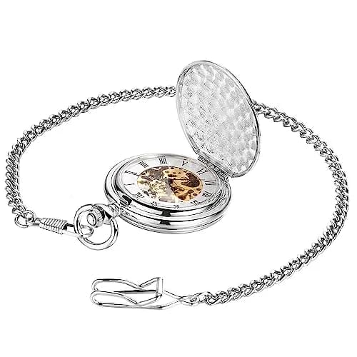 ShoppeWatch Men’s Silver Pocket Watch with Chain | Hand Winding Vintage Pocket Watch | Classic Mechanical Movement Pocketwatch | 1920s Railroad Steampunk Costume Accessory PW20 thumbnail 7