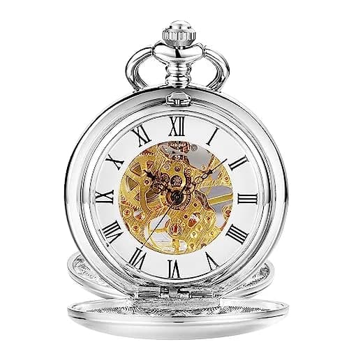 ShoppeWatch Men’s Silver Pocket Watch with Chain | Hand Winding Vintage Pocket Watch | Classic Mechanical Movement Pocketwatch | 1920s Railroad Steampunk Costume Accessory PW20 thumbnail 2