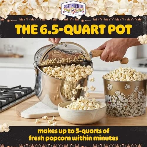 Great Northern Stovetop Popcorn Maker Silver 6.5 Quart | Makes 5 Quarts Theater-Style Popcorn thumbnail 3