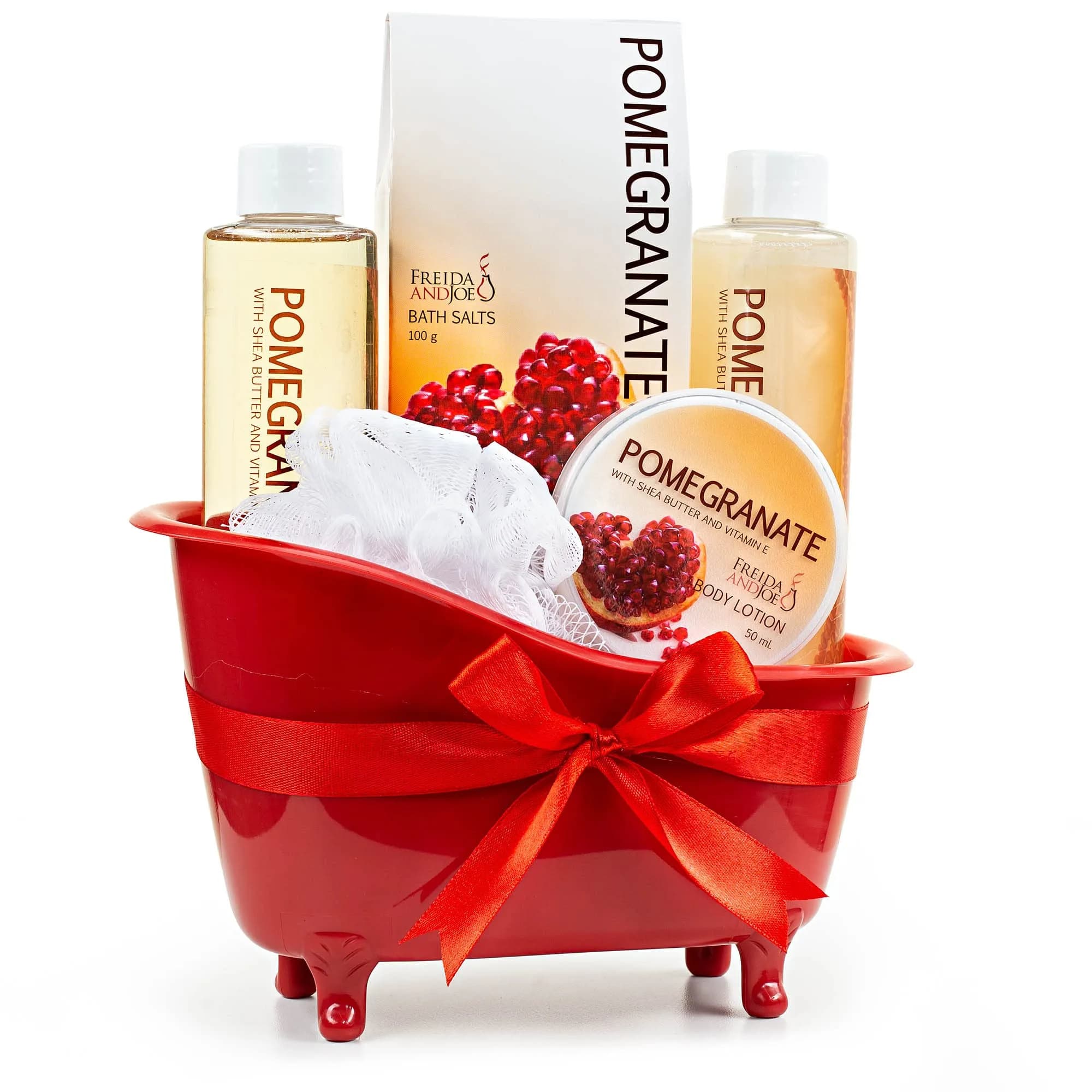 Freida and Joe Tropical Mango Pear Fragrance Set in Orange Tub | Luxurious Bath & Body Collection — Red Pomegranate