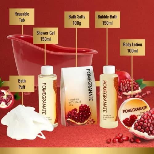 Freida and Joe Red Pomegranate Home Spa Bath Basket | Bath & Body Set for Women with Shea & Vitamin E (5 Piece Set) thumbnail 4