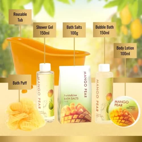 Freida and Joe Tropical Mango Pear Fragrance Set in Orange Tub | Luxurious Bath & Body Collection thumbnail 5