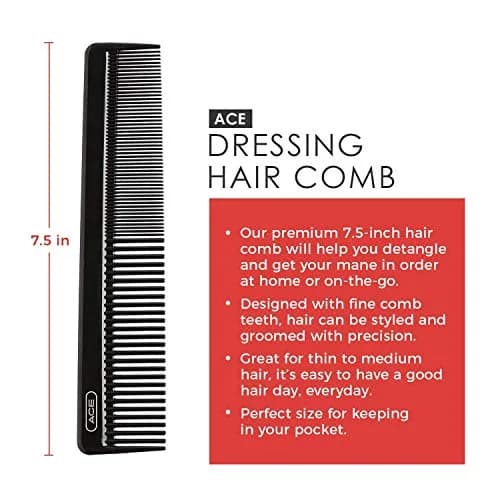 Ace Hair Comb Dressing 7.5 Inch | Fine Teeth for Precise Styling, Durable Plastic, Black thumbnail 2