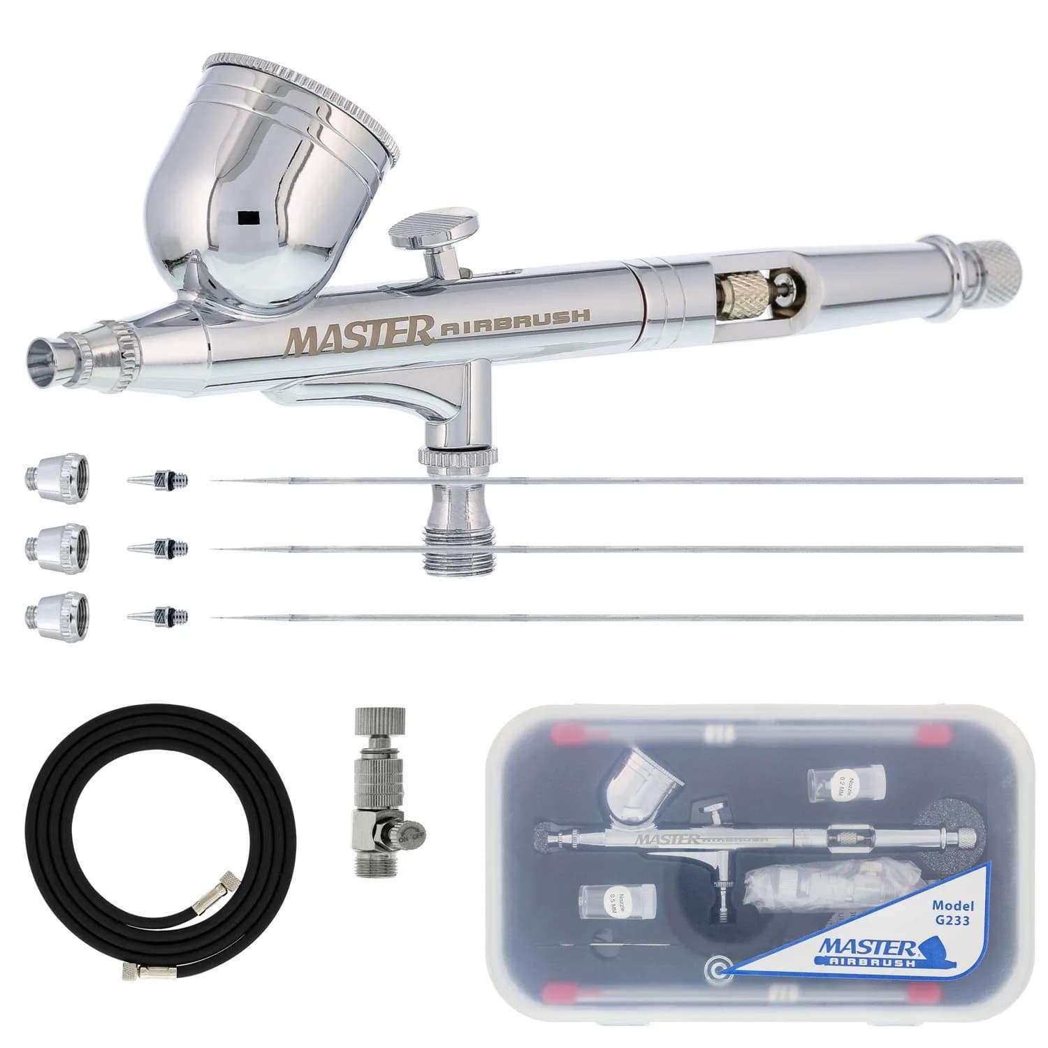 Master Airbrush G233 Performance Pro Airbrush Kit with 3 Nozzle Sets, Hose | Dual-Action Gravity Feed for Fine Detail & Broad Spray