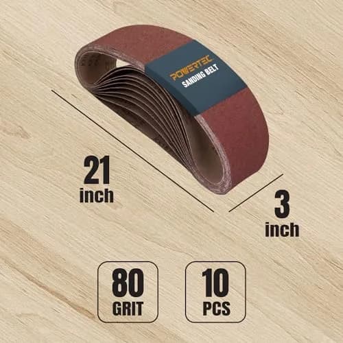 POWERTEC 3 x 21 Inch Sanding Belts, 10 Pack, 80 Grit Aluminum Oxide | Heavy Duty for Woodworking & Metal thumbnail 2