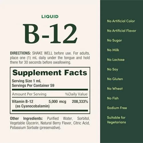 Nature's Bounty Vitamin B12 Sublingual Liquid 5000 mcg 59ml (2 Fl Oz) | Cardiovascular & Cellular Energy Support thumbnail 5