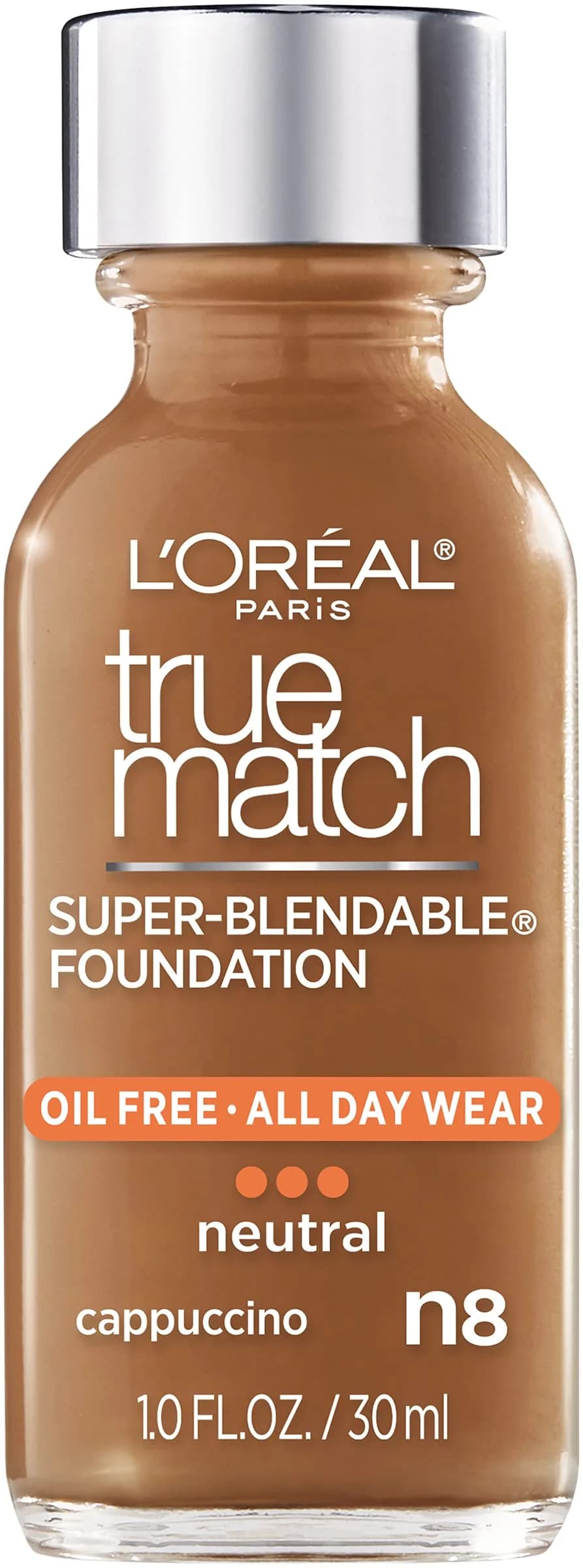 L'Oréal Paris True Match Super-Blendable Liquid Foundation Cappuccino N8 30ml (1 Fl Oz) | Natural Finish Foundation — N8 CAPPUCCINO