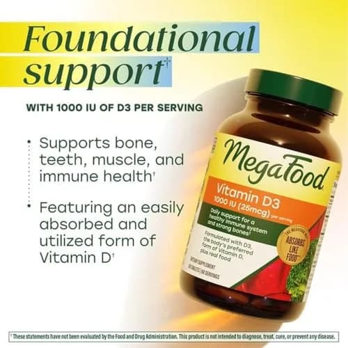 MegaFood Vitamin D3 1000 IU (25 mcg), Bone & Immune Support, 60 Tablets | Supports Bones, Teeth, Muscles & Immunity thumbnail 4