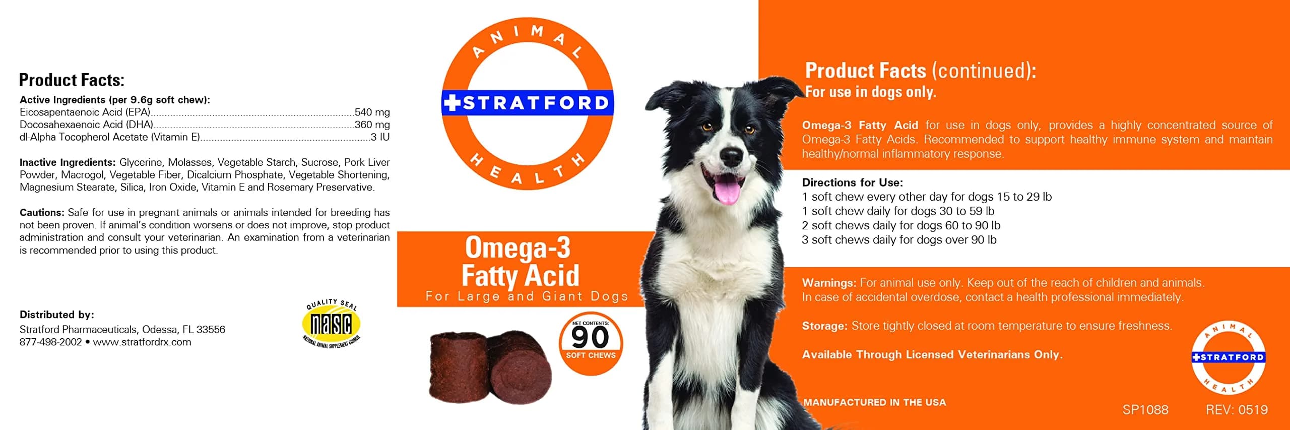 Stratford Omega 3 Soft Chews for Dogs | Max Strength Fish Oil Treats for Large & Giant Breeds (90 Chews) - main product image