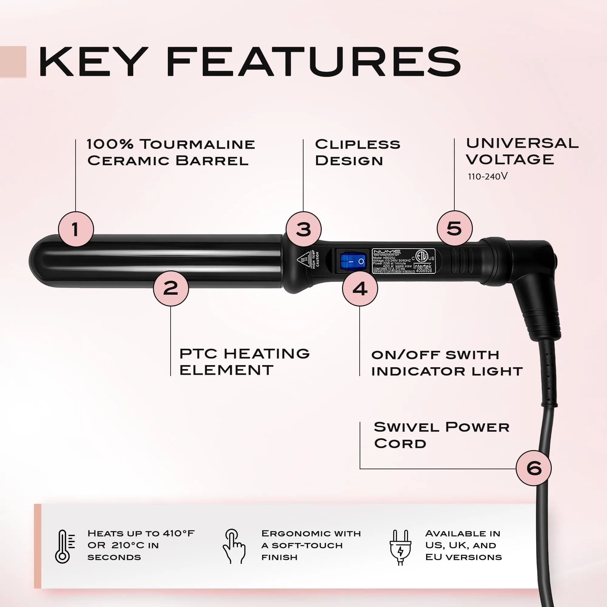 NuMe Classic Ceramic Curling Wand - Tourmaline 1.25 Inch Barrel Hair Curler, Negative Ion Conditioning, Far Infrared Heat - All Hair Types - Black thumbnail 2