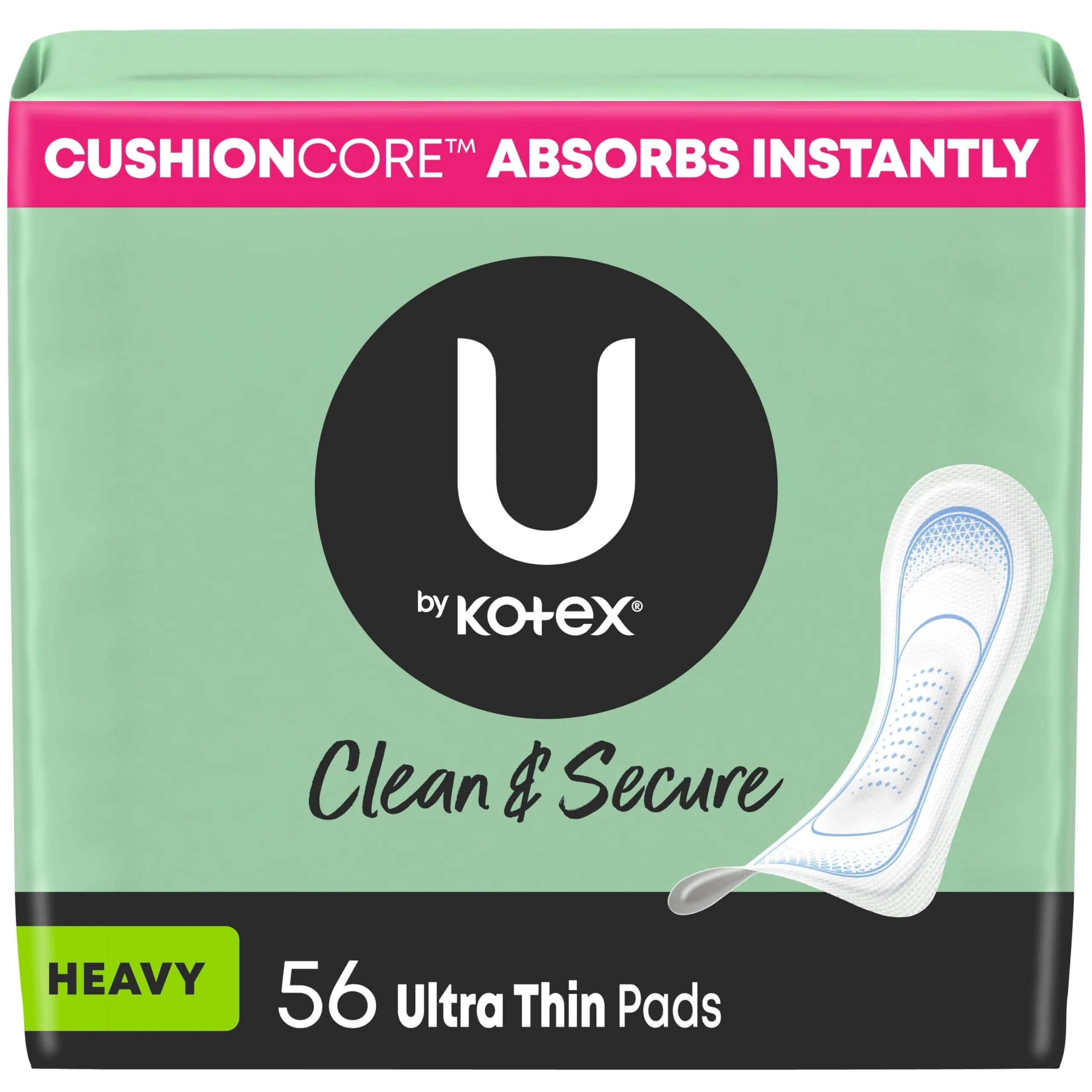 U by Kotex Clean & Secure Ultra Thin Pads Heavy Absorbency 56 Count | Dermatologist Tested & Hypoallergenic