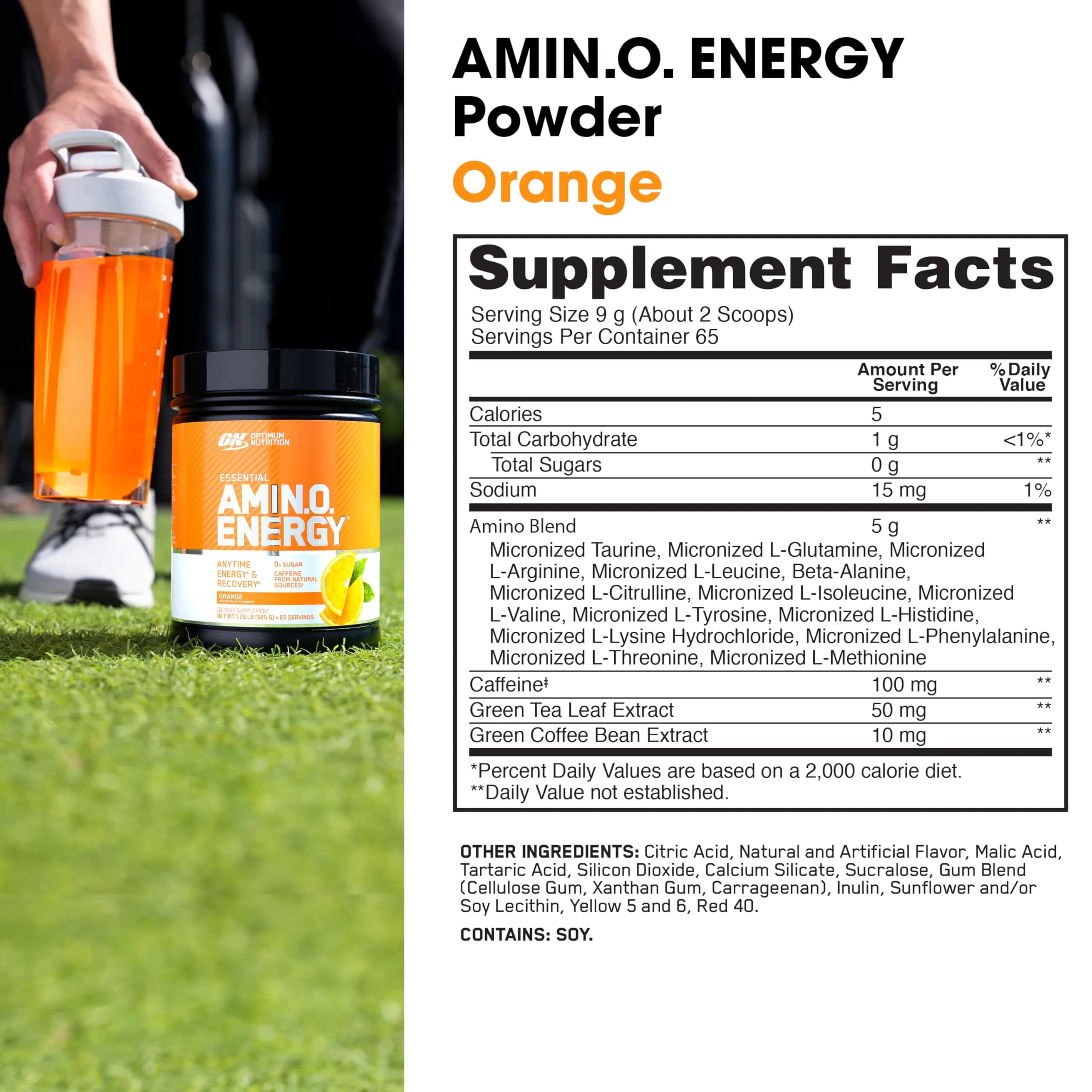 Optimum Nutrition Amino Energy Pre Workout Powder, Orange Cooler, 65 Servings | Energy & Muscle Recovery Blend thumbnail 3