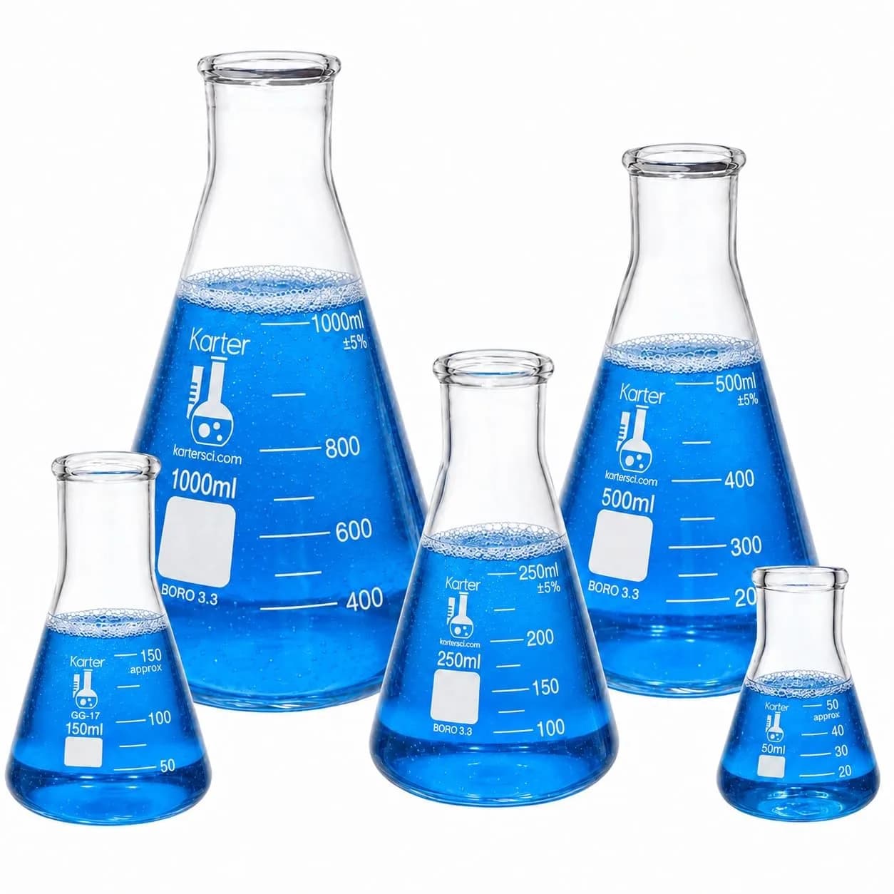 Karter Scientific Borosilicate Glass Flask Set 50ml, 150ml, 250ml, 500ml, 1L | Heavy Duty, Reusable, ASTM E960