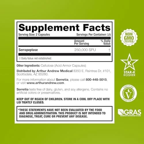 Arthur Andrew Medical Serretia Pure Serrapeptase Enzyme 30 Capsules | 250,000 SPU Muscle & Sinus Support thumbnail 2