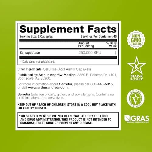 Arthur Andrew Medical Serretia 90 Capsules | Pure Serrapeptase Enzyme for Recovery & Sinus Support thumbnail 2