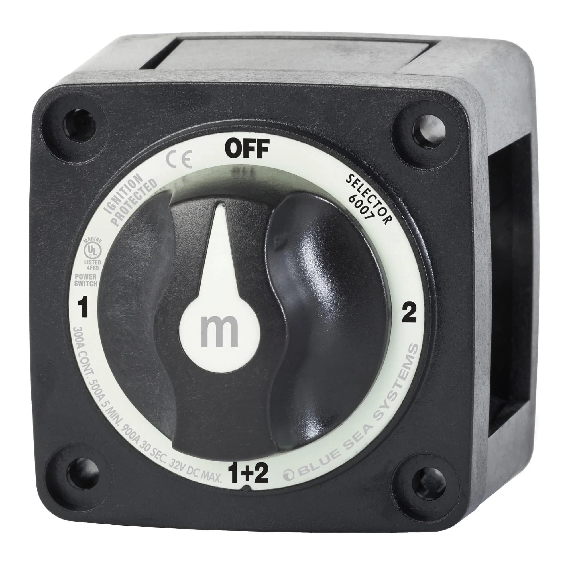 Blue Sea Systems m-Series ON/OFF Battery Switch with Knob | Ignition Protected, 300A Continuous — Black / Selector 4 Pos.
