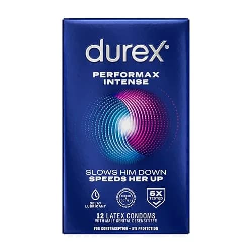 Durex Performax Intense Delay Condoms 12 Count (12 Each) | Ribbed, Dotted, Ultra Thin, Lubricated for Men thumbnail 1