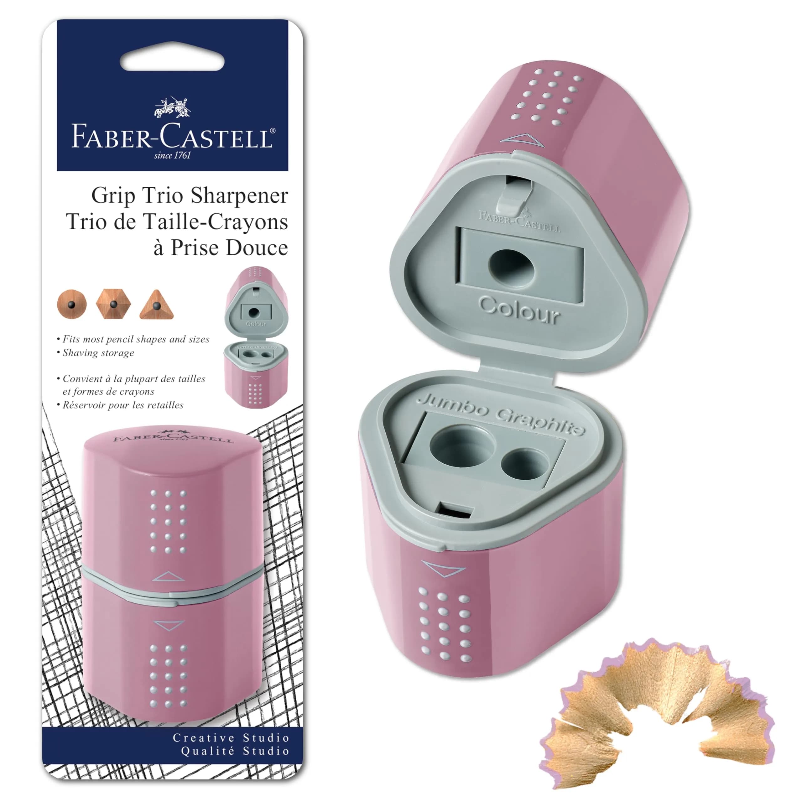 Faber-Castell Grip Trio Pencil Sharpener: Silver, 1 Unit | 3-in-1 Ergonomic Design for All Pencils — Rose Shadows