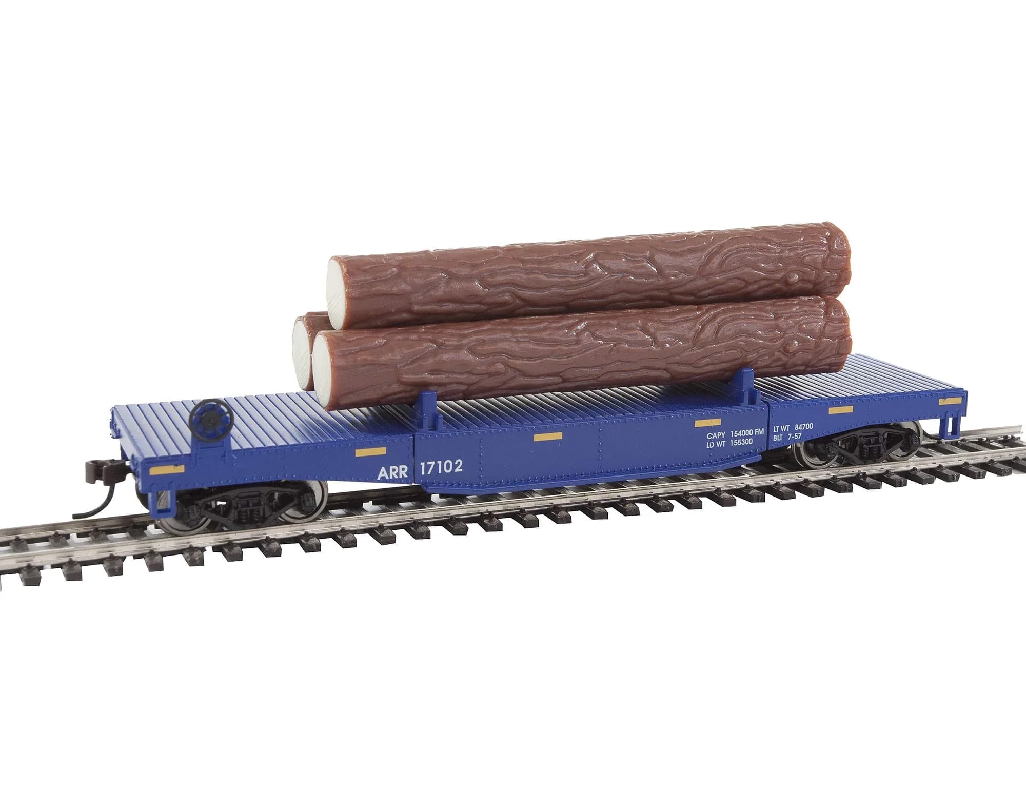 Walthers Trainline Log Dump Car with 3 Logs HO Scale Model Railroad Freight Car | Blue Yellow — 931-1770