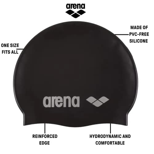 Arena Classic Unisex Soft Silicone Swim Cap for Women and Men, Intensive Training and Racing Comfortable Non-Slip Long Hair Swimming Hat, Black/Silver thumbnail 2