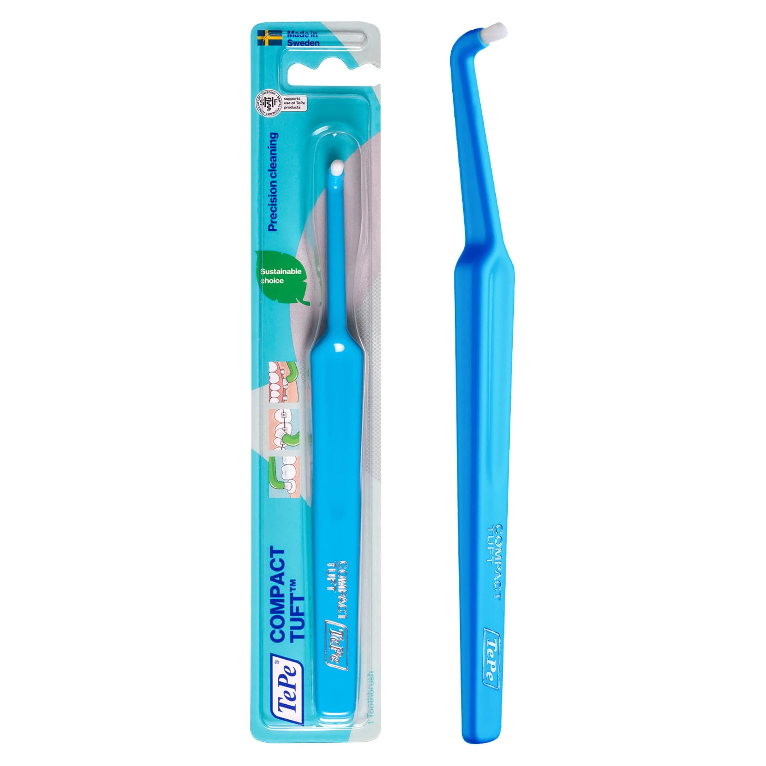 TePe Compact Tuft Toothbrush Small Head Orthodontic Brush for Braces, Implants, Dentures | Swedish Dental Quality