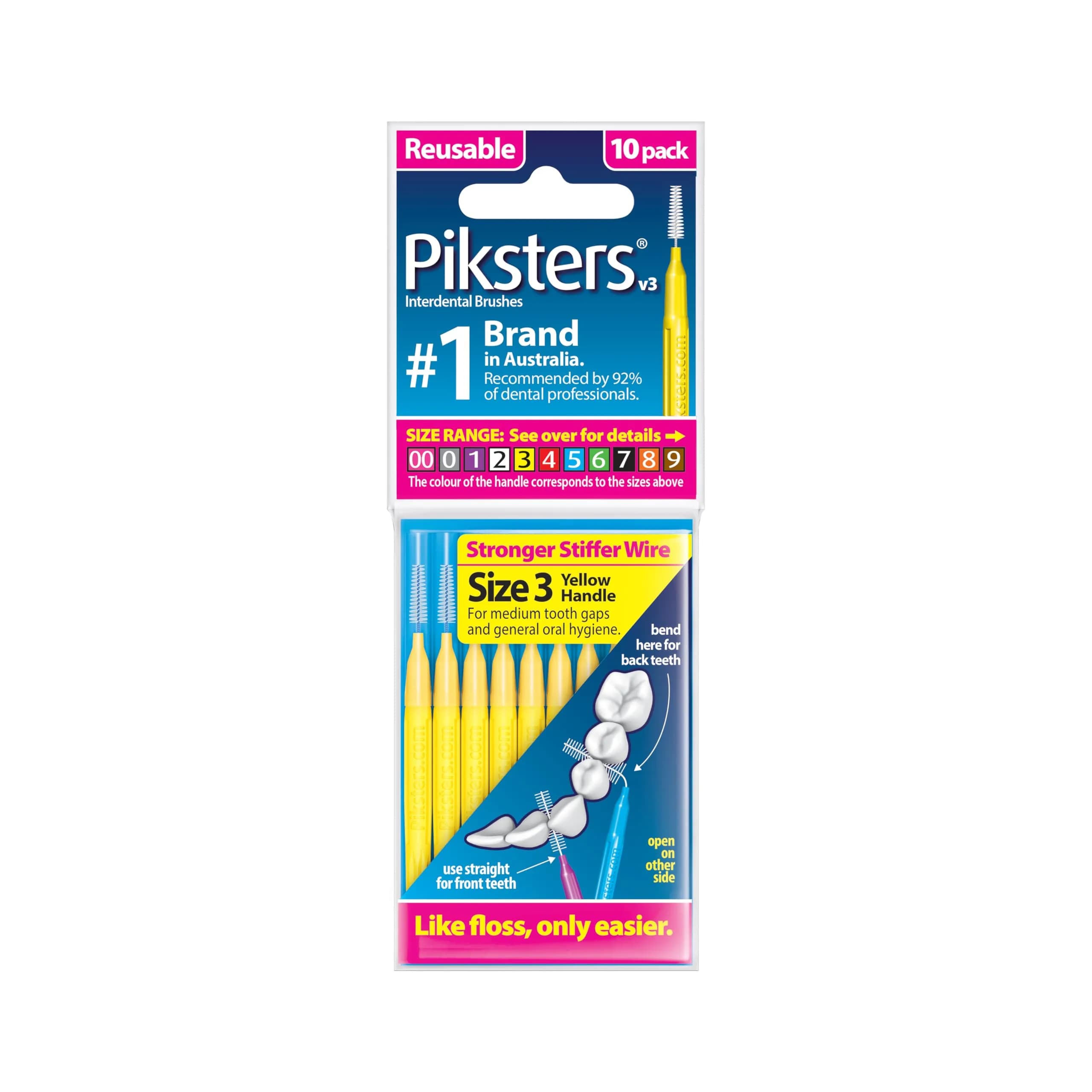 Piksters Interdental Brush Size 00 Pink 10 Pack | Specialist Tool for Extra Tight Gaps — Size 3 (Yellow)