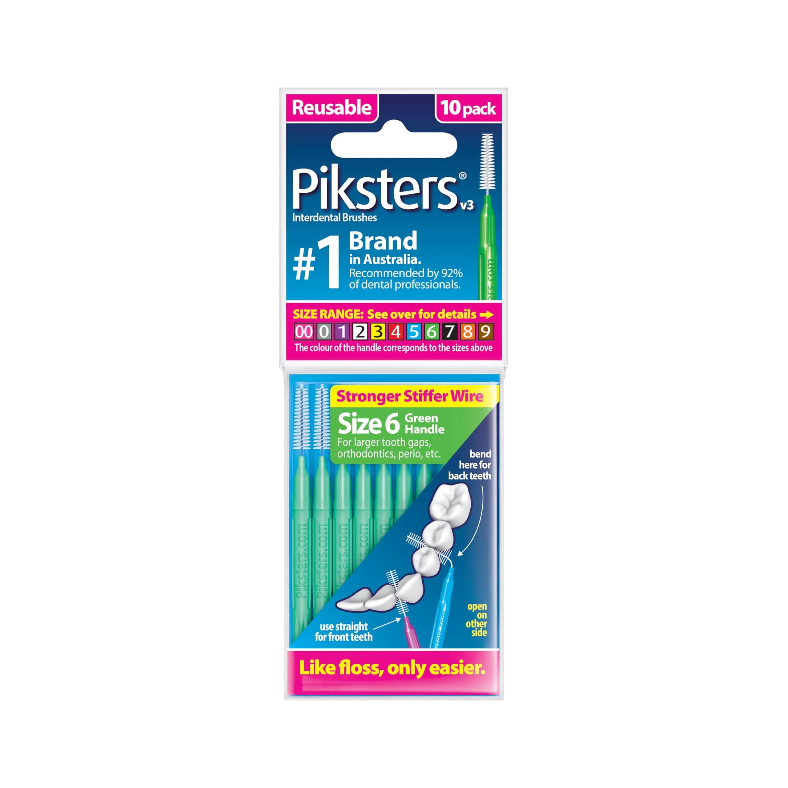 Piksters Interdental Brush Size 00 Pink 10 Pack | Specialist Tool for Extra Tight Gaps — Size 6 (Green)