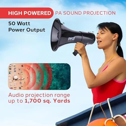Pyle 50W Megaphone Speaker PA Bullhorn Built-in Siren, 1554 Meters Range | Portable Outdoor Sound System thumbnail 2