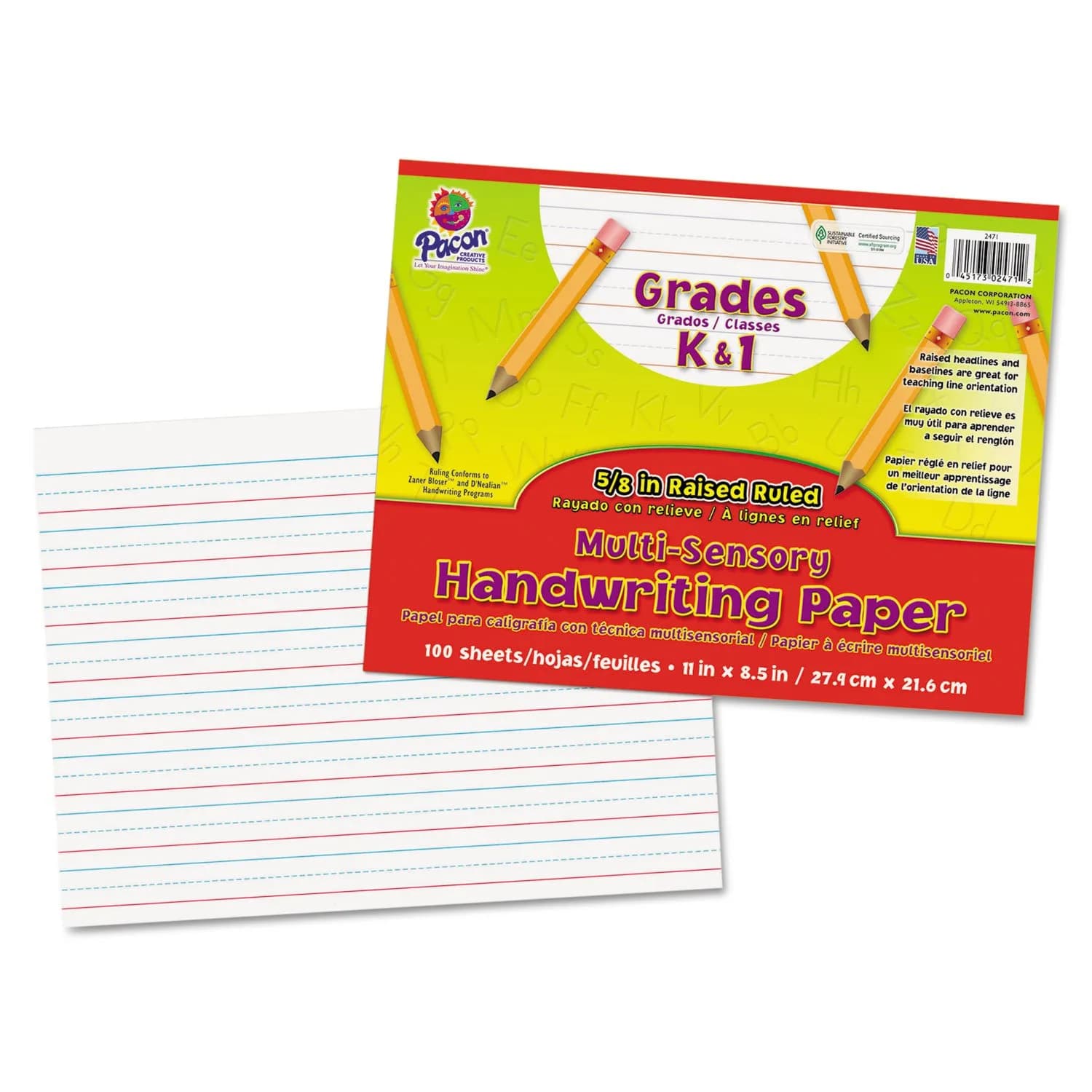 Pacon 2471 Multi-Sensory Raised Ruled Paper 8.5 x 11 inches | Conforms to D'Nealian & Zaner-Bloser styles - main product image