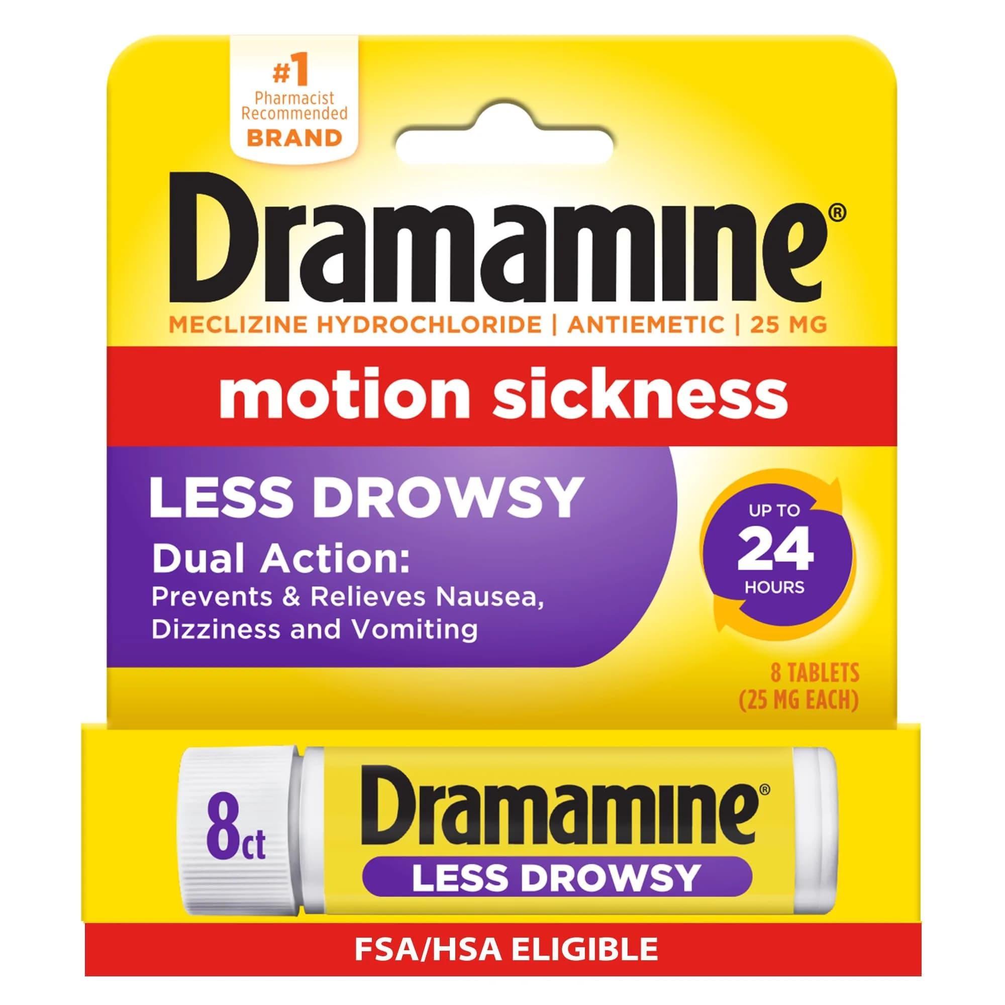 Dramamine Less Drowsy Motion Sickness Relief Tablets 16 Count (Pack of 1) | Prevents & Treats Nausea, Dizziness, Vomiting for 24 Hours — All Day Less Drowsy