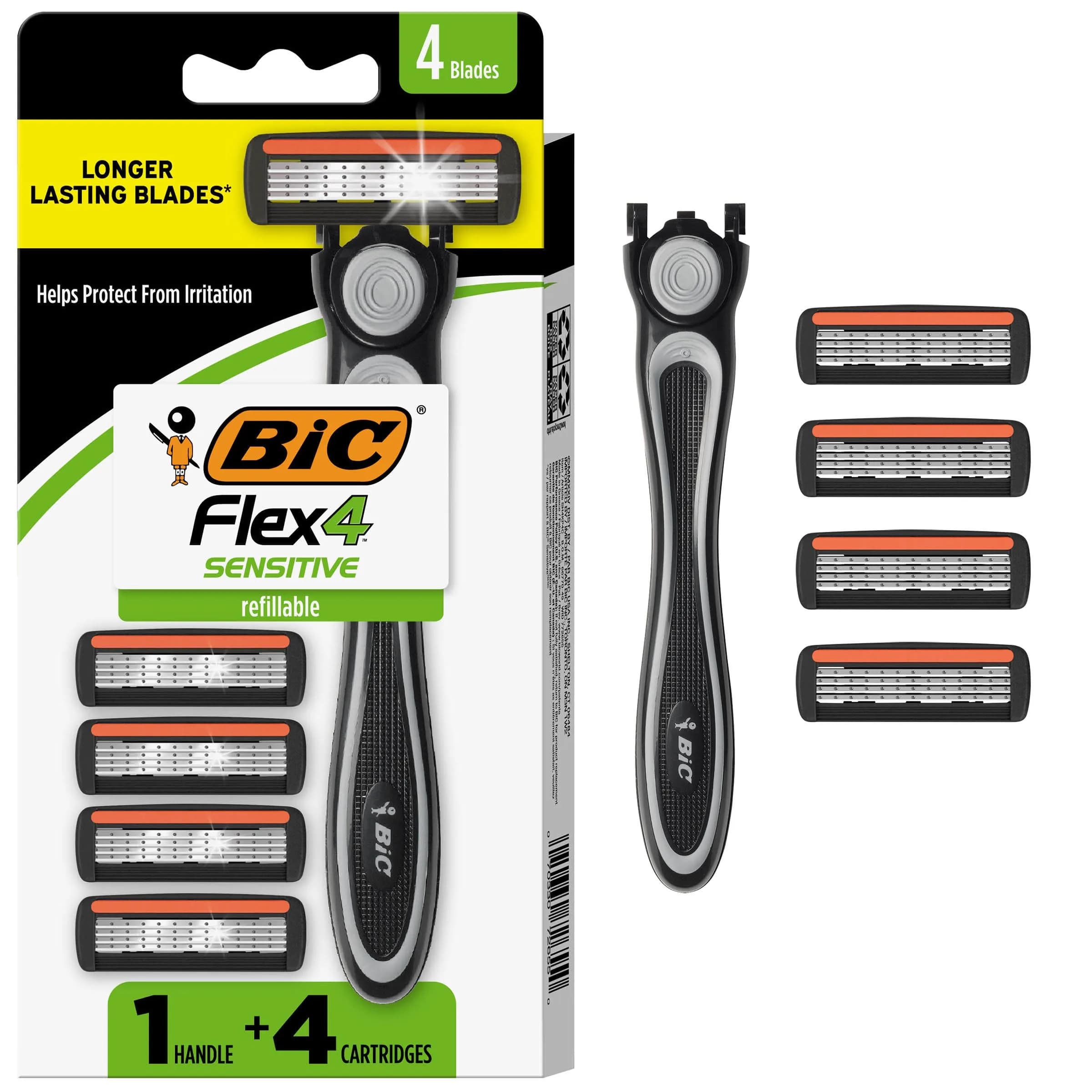 BIC Flex 4 Mens Refillable 4-Blade Razor | Sensitive Skin, Up to 48 Shaves, Black/Green - main product image