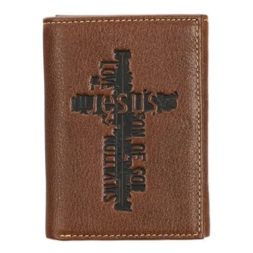 Christian Art Gifts Full Grain Leather Wallet for Men: Names of Jesus | Classic Brown Full Grain Leather Bi-Fold Wallet thumbnail 1