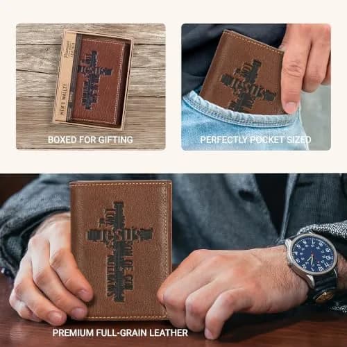Christian Art Gifts Full Grain Leather Wallet for Men: Names of Jesus | Classic Brown Full Grain Leather Bi-Fold Wallet thumbnail 5