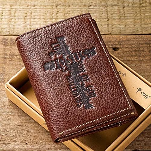 Christian Art Gifts Full Grain Leather Wallet for Men: Names of Jesus | Classic Brown Full Grain Leather Bi-Fold Wallet thumbnail 2