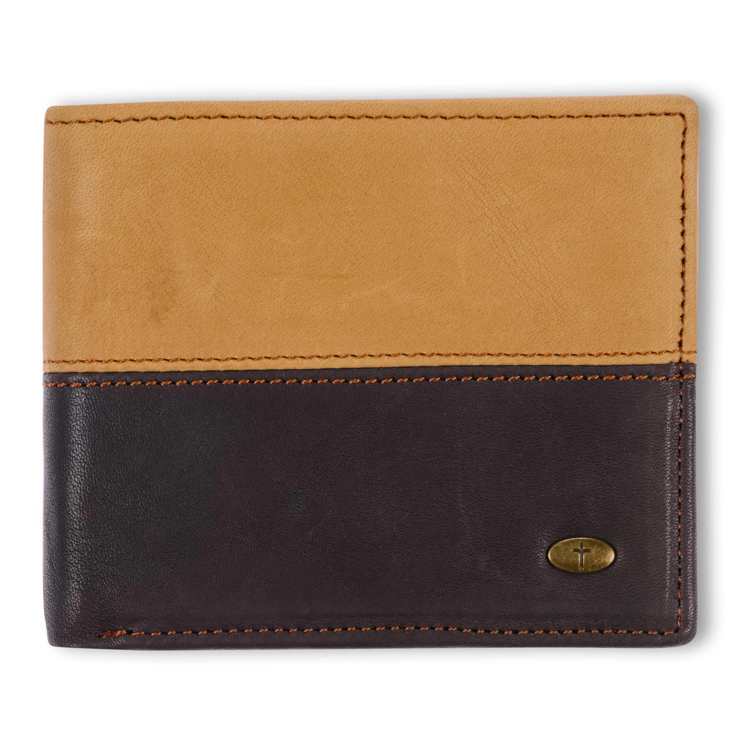 Christian Art Gifts Full Grain Leather Bifold Scripture Wallet, RFID Blocking, Wings Like Eagles, Brown | Inspirational Christian Accessory — Tan & Brown/Cross Badge / Bill-fold