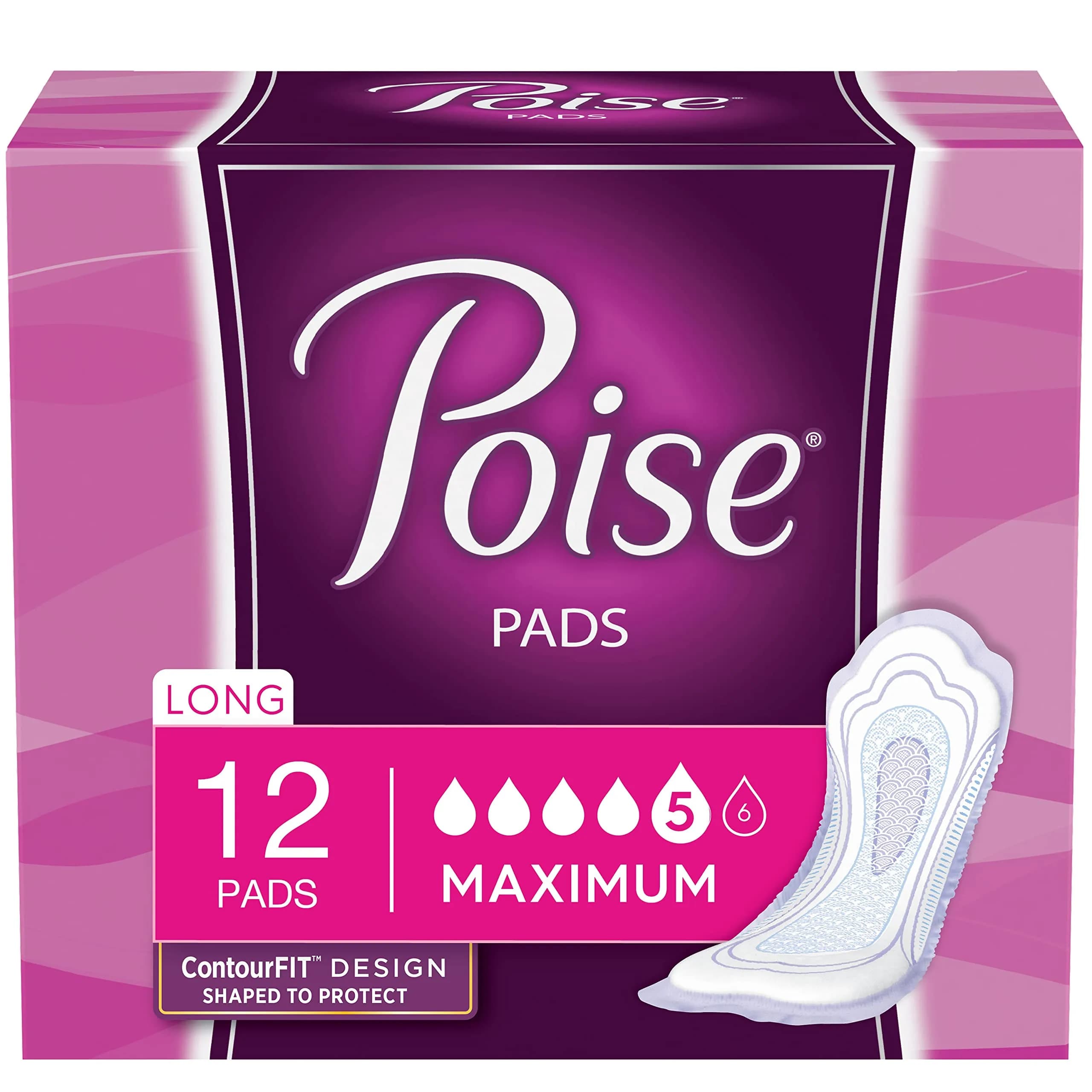 Poise Maximum Absorbency Incontinence Pads Long 12 Count | 3X Drier Than Period Pads - main product image