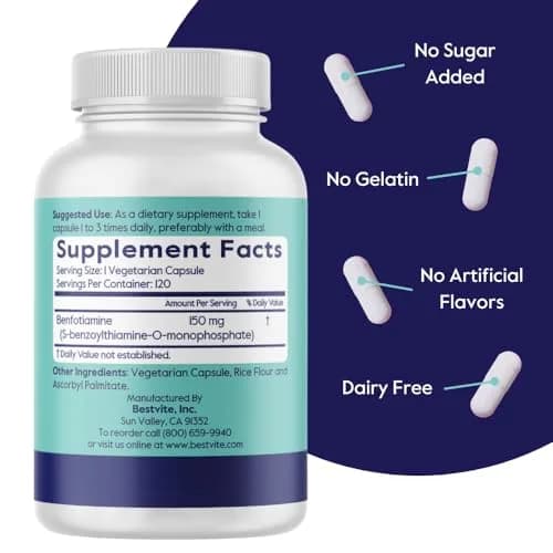 BESTVITE Benfotiamine 150mg Veg Caps | No Stearates, Vegan, 120 Count thumbnail 3