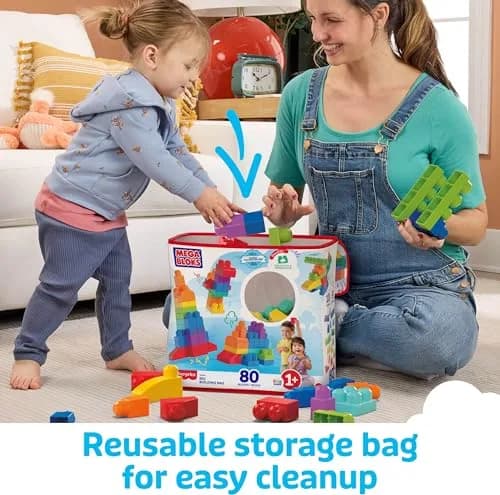 Mega Bloks First Builders Big Building Bag Toy Set, 80 Pieces, Blue | ASTM-Tested Non-Toxic Building Blocks thumbnail 4