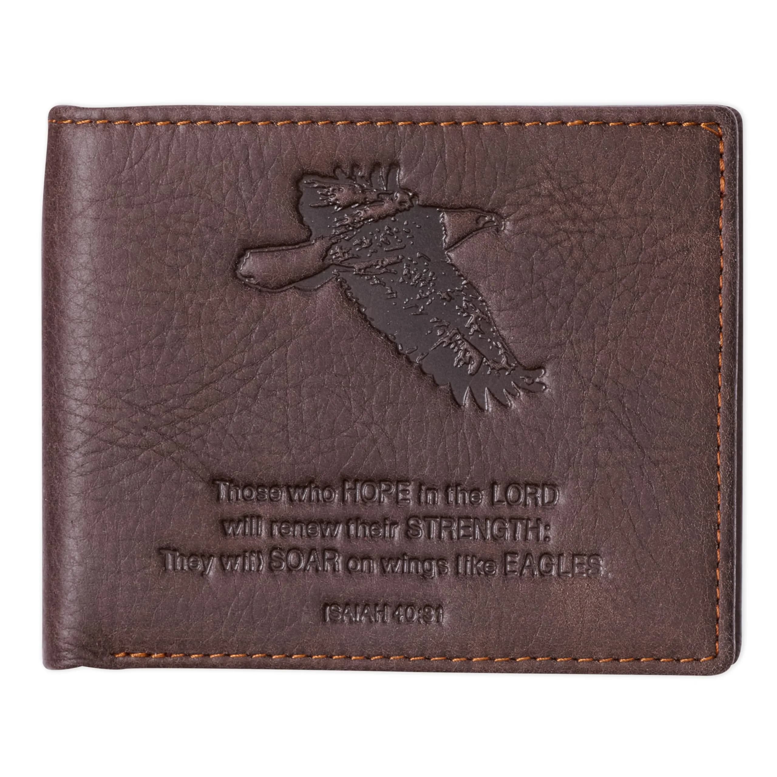 Christian Art Gifts Full Grain Leather Bifold Scripture Wallet, RFID Blocking, Wings Like Eagles, Brown | Inspirational Christian Accessory - main product image