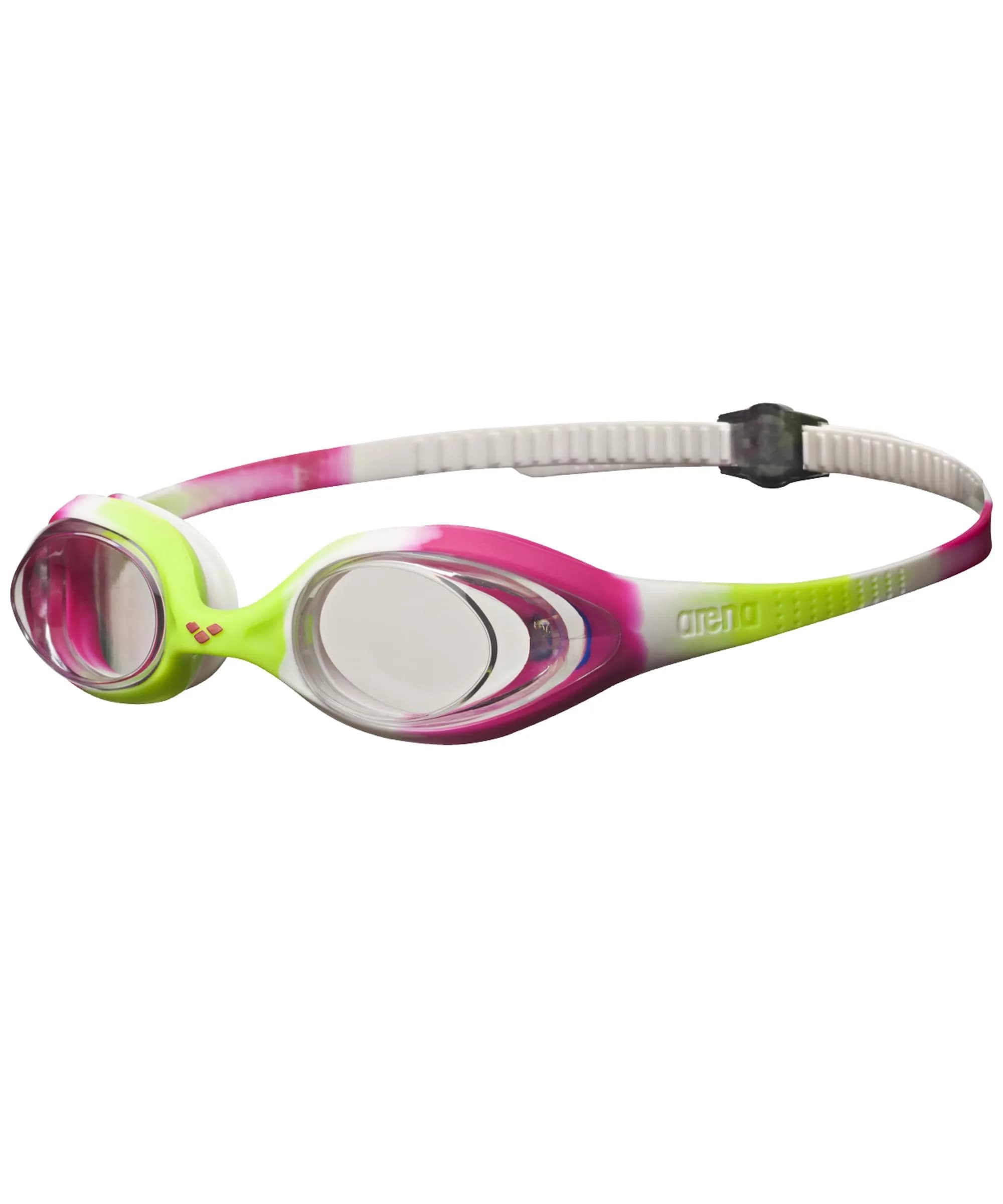 ARENA Unisex Youth Spider Junior Swim Goggles No Fog Non-Mirror Lens 6-12 | Easy Adjust Strap, No Leak (110 characters) — Lime Fuchsia/White/Clear