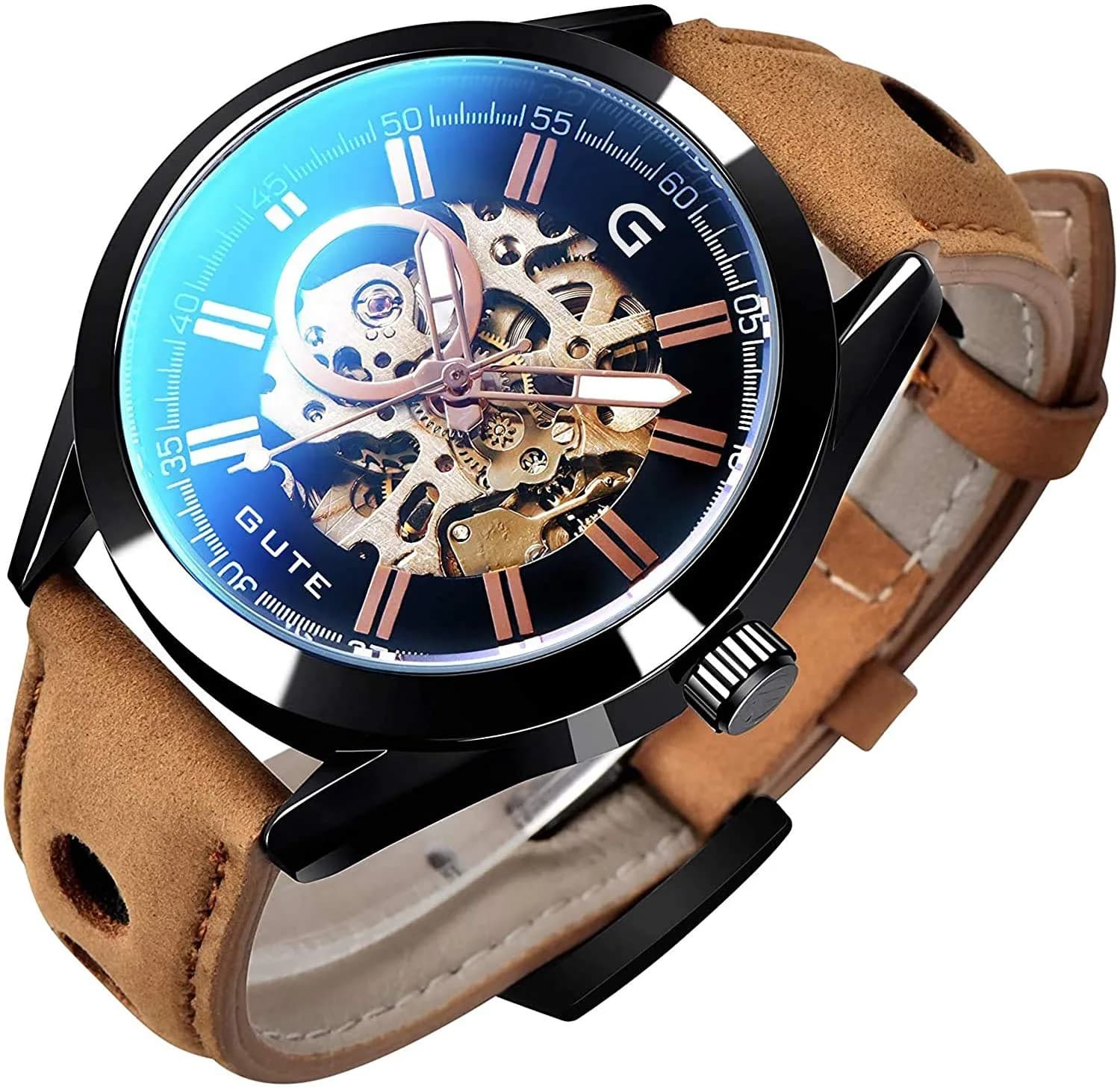 GLEIM Mechanical Skeleton Watch Self-Winding Leather Brown | Casual & Stylish — Brown