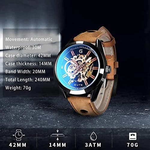 GLEIM Mechanical Skeleton Watch Self-Winding Leather Brown | Casual & Stylish thumbnail 4