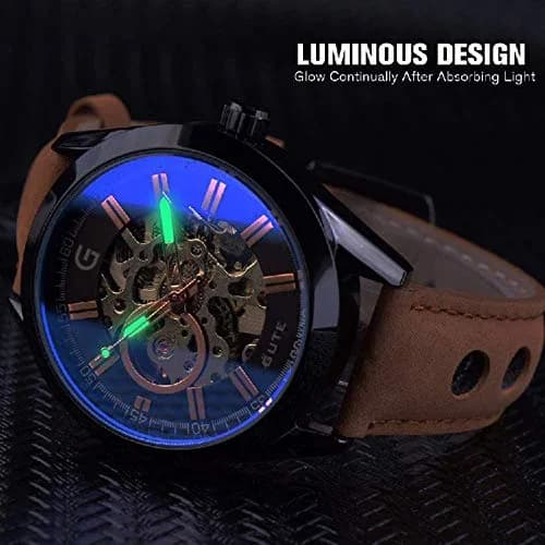GLEIM Mechanical Skeleton Watch Self-Winding Leather Brown | Casual & Stylish thumbnail 5