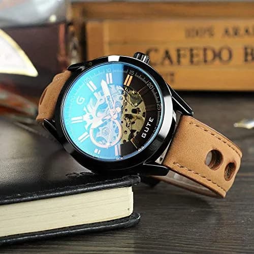 GLEIM Mechanical Skeleton Watch Self-Winding Leather Brown | Casual & Stylish thumbnail 6