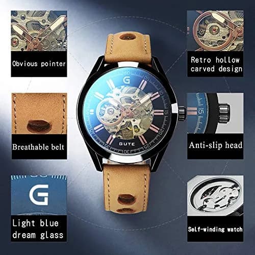 GLEIM Mechanical Skeleton Watch Self-Winding Leather Brown | Casual & Stylish thumbnail 3