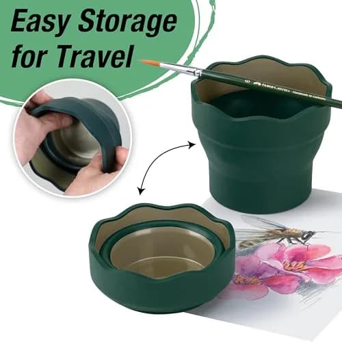 Faber-Castell Clic & Go Collapsible Water Cup | 350ml (12 oz) Dark Green Silicone Brush Rinser with Brush Stand & Palette thumbnail 3