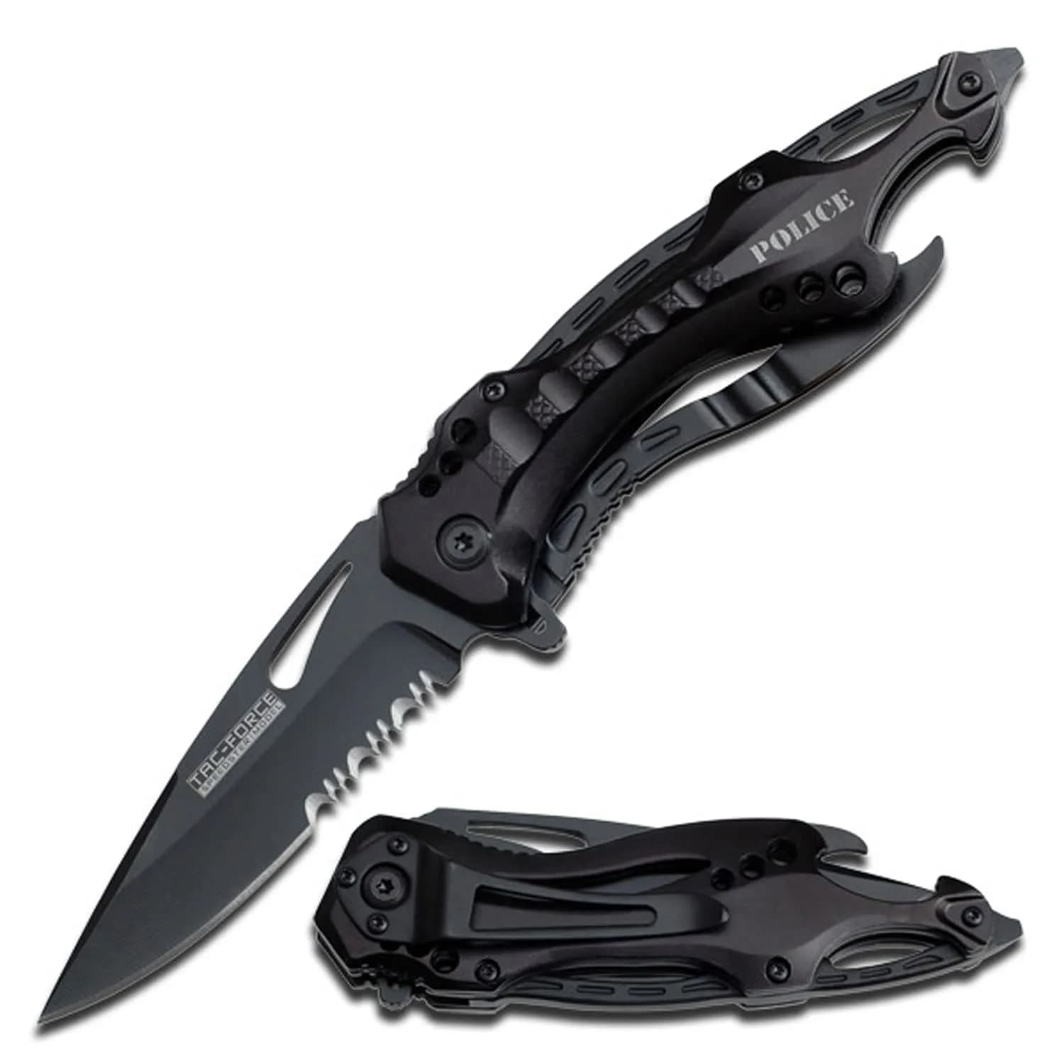 Tac-Force Folding Pocket Knife, 3.25-inch Serrated Blade, Camo Aluminum Handle, 7.75-inch Overall Length TF-705FC | Tactical Utility for Outdoors & Emergency — Black / 3.3"