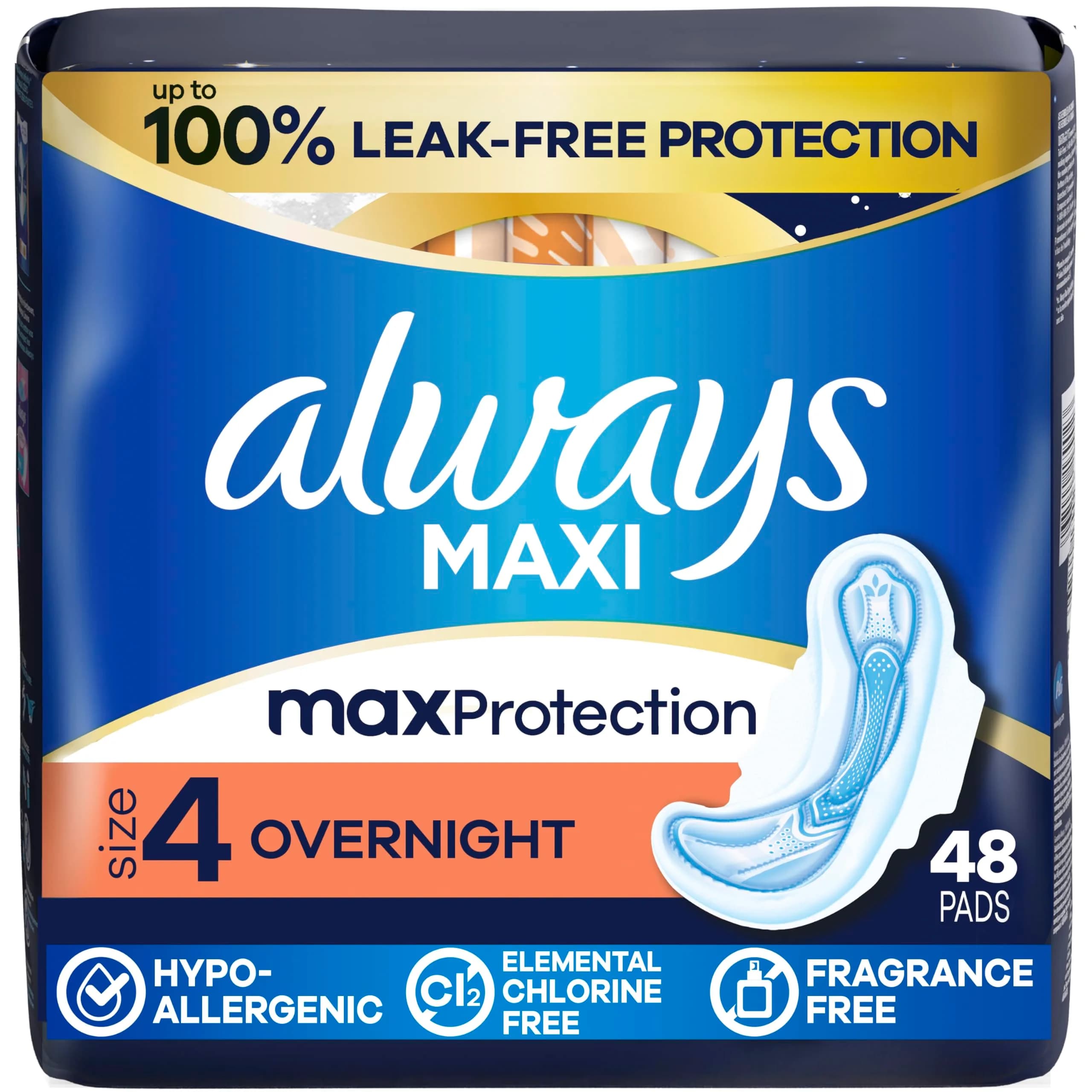 Always Maxi Overnight Feminine Pads with Wings for Women, Size 4, Overnight Absorbency, Unscented, Leak-Free Protection, 48 Count | Long-lasting overnight coverage - main product image