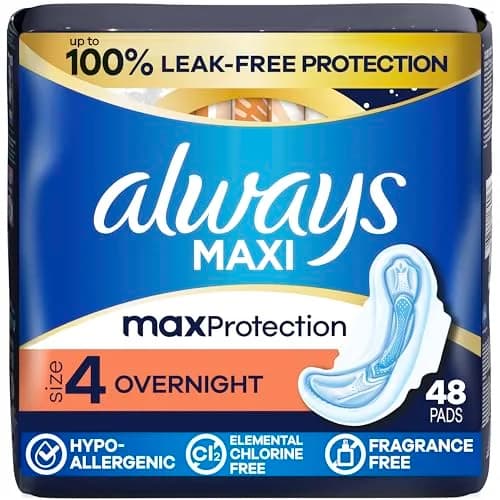 Always Maxi Overnight Feminine Pads with Wings for Women, Size 4, Overnight Absorbency, Unscented, Leak-Free Protection, 48 Count | Long-lasting overnight coverage thumbnail 1