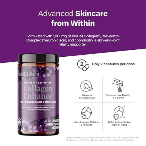 ResVitale Collagen Enhance, 120 Capsules | Supports Skin & Joints, Vegetarian Formula, Hyaluronic Acid & Resveratrol thumbnail 3